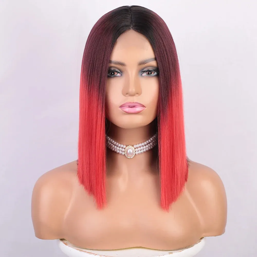 Ombre Red Bob Wig for Women Short Straight Middle Part Wigs Cosplay Party Synthetic Heat Resistant Fake Hair Shoulder Length Wig