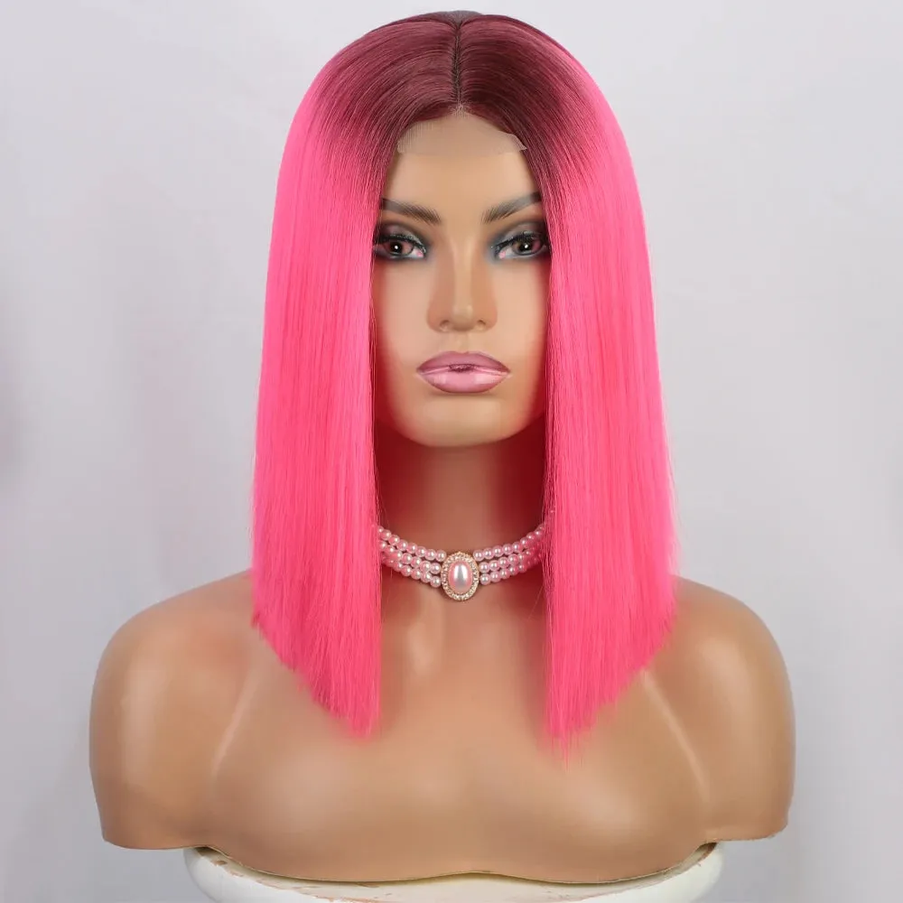 Ombre Red Bob Wig for Women Short Straight Middle Part Wigs Cosplay Party Synthetic Heat Resistant Fake Hair Shoulder Length Wig