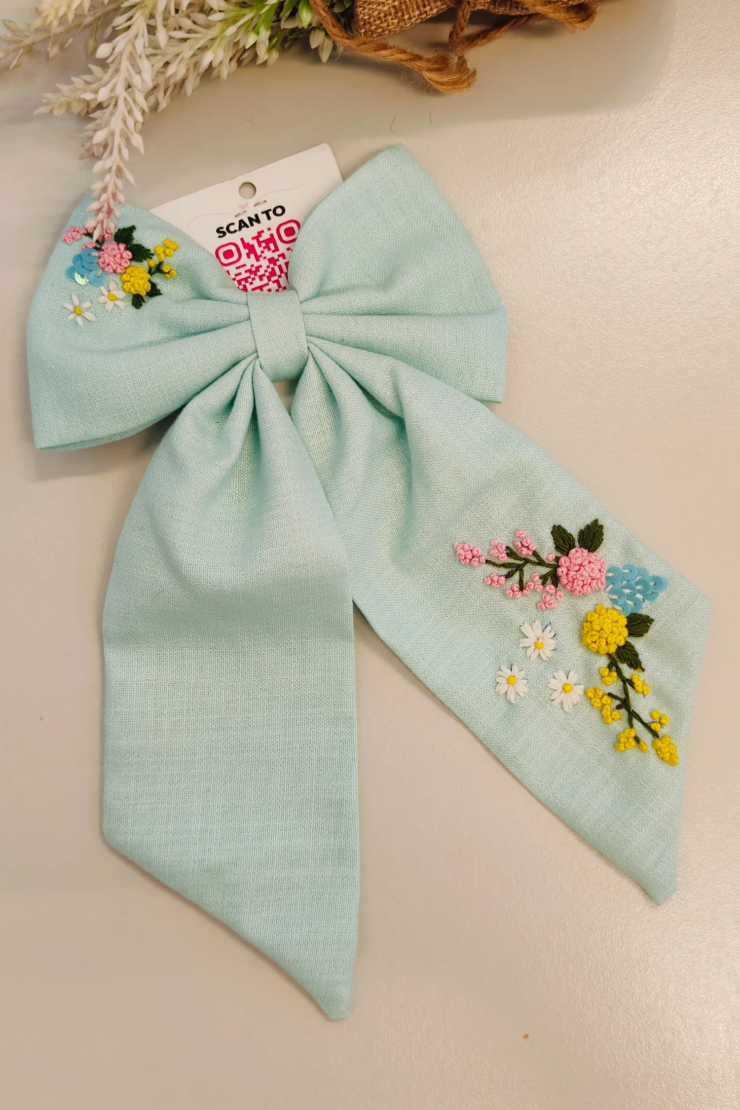 Organic Embroidered Bow Clip