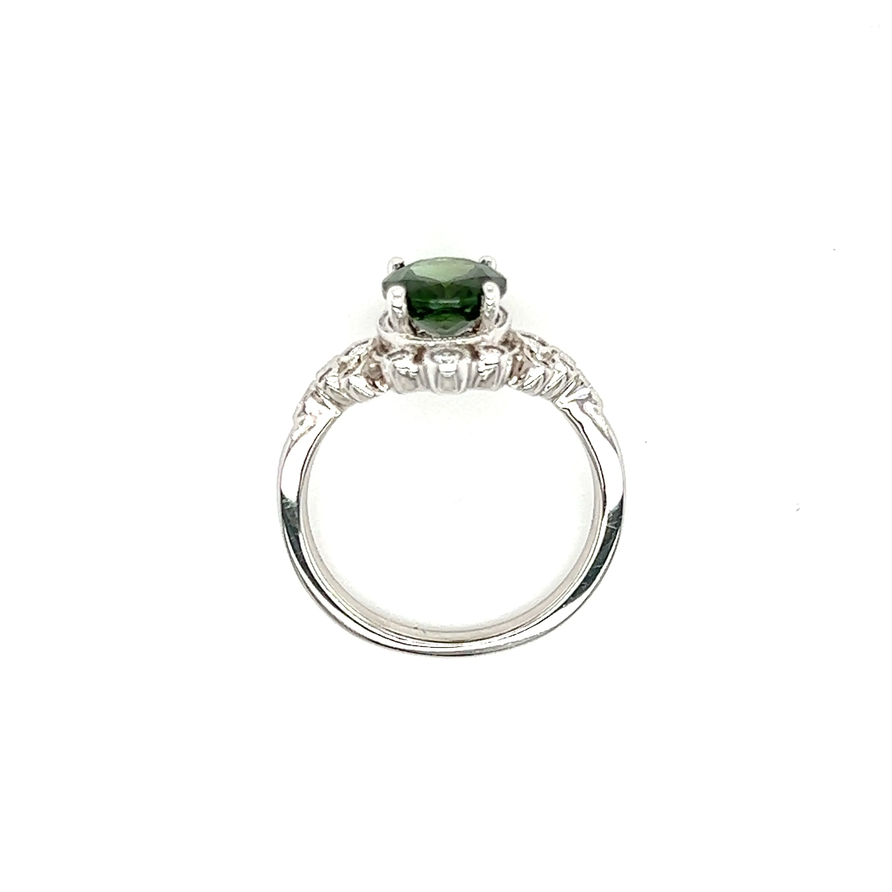 Oval Green Tourmaline Ring with Side Diamonds in 14K White Gold