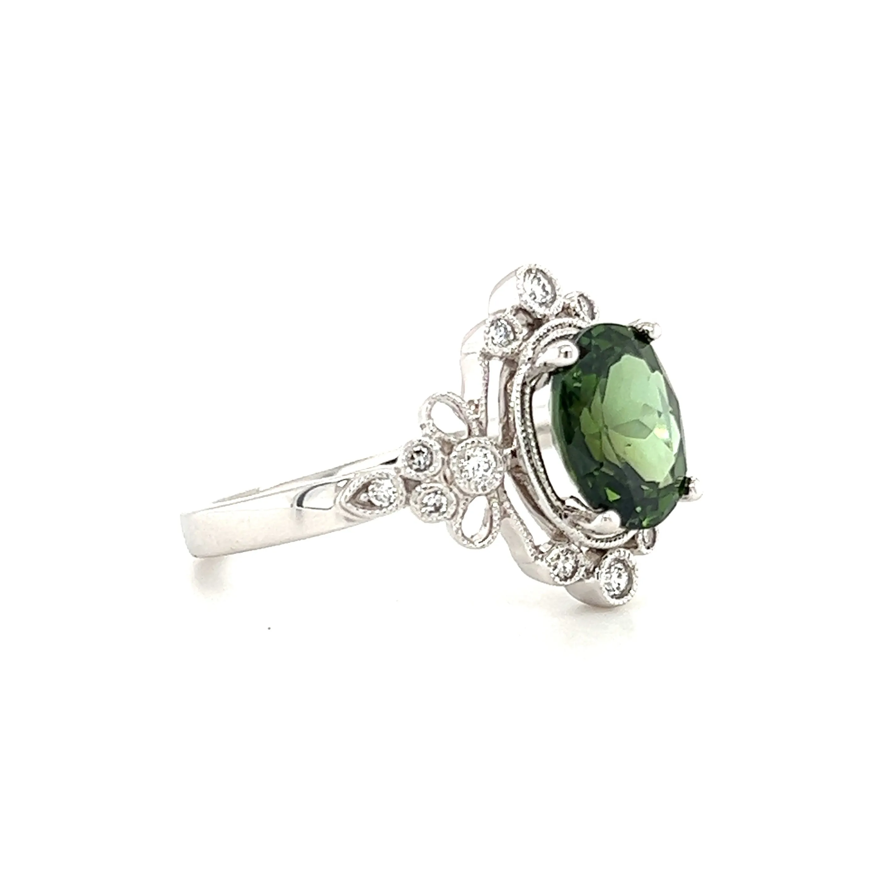 Oval Green Tourmaline Ring with Side Diamonds in 14K White Gold