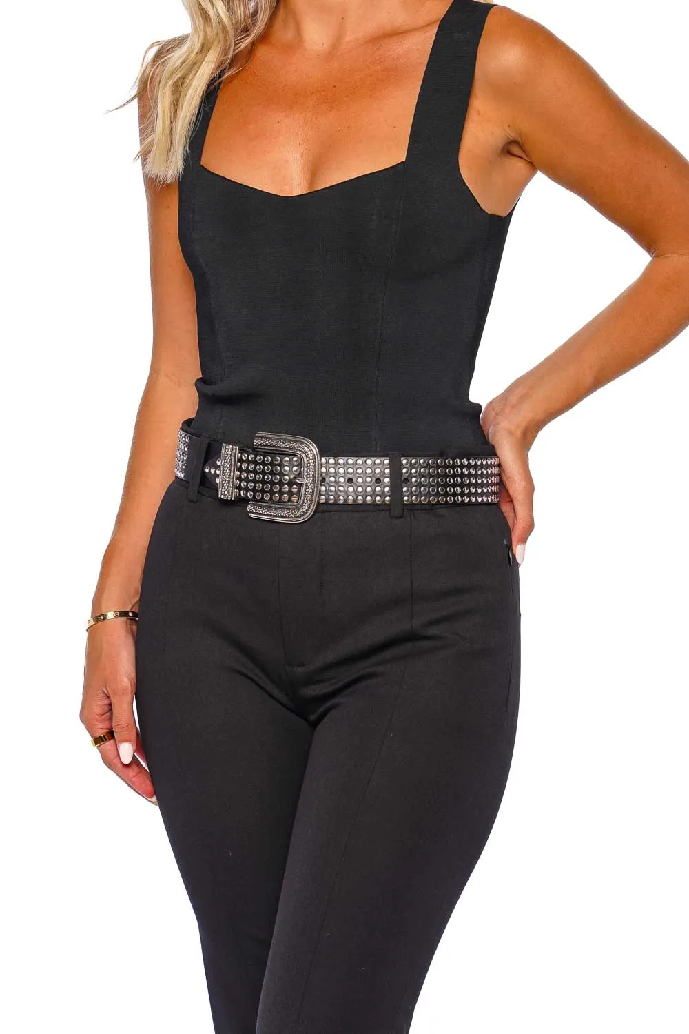 Ovia Black Leather Studded Belt