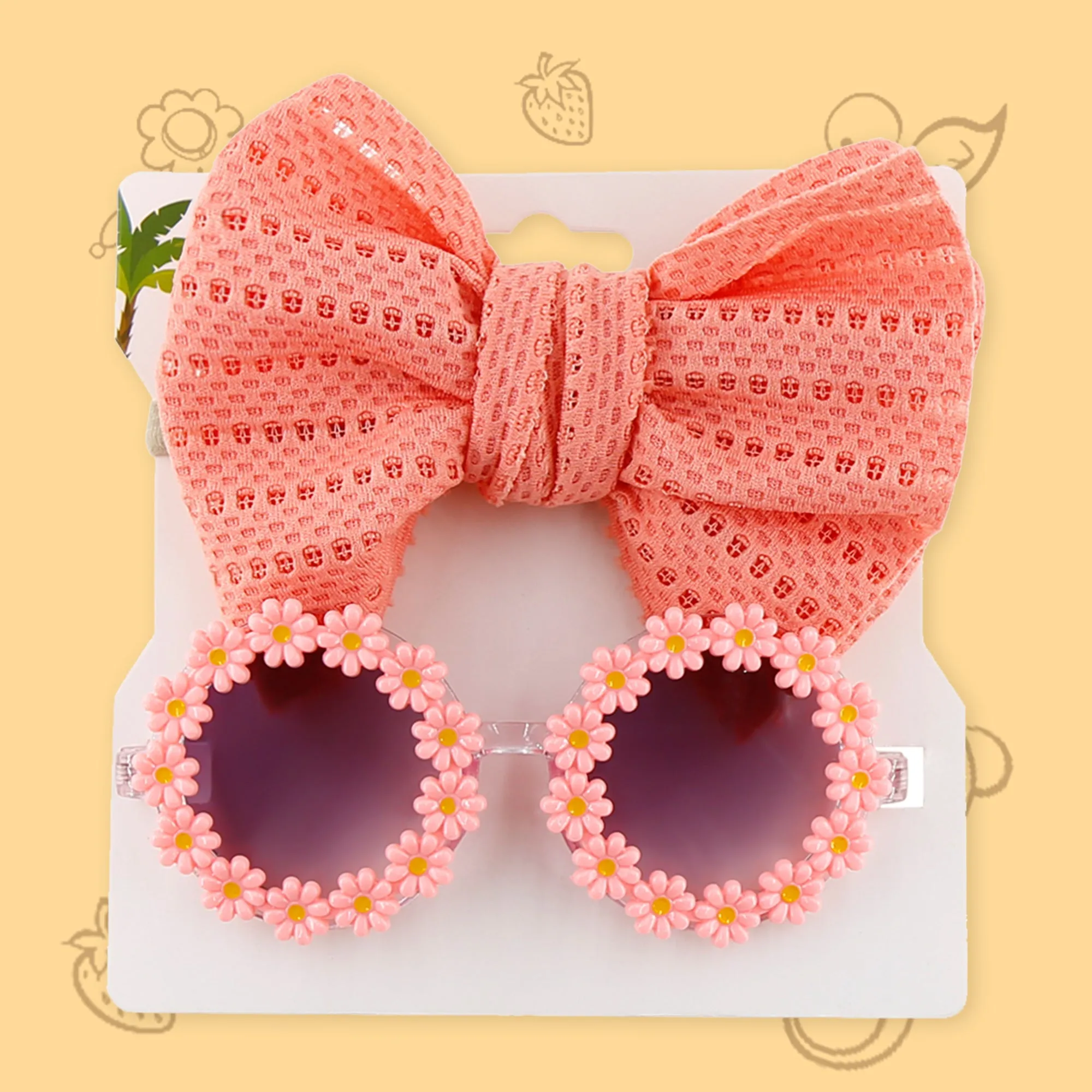 Polka Tots Free Size Bow Headband & Floral Sunglass Set - Peach