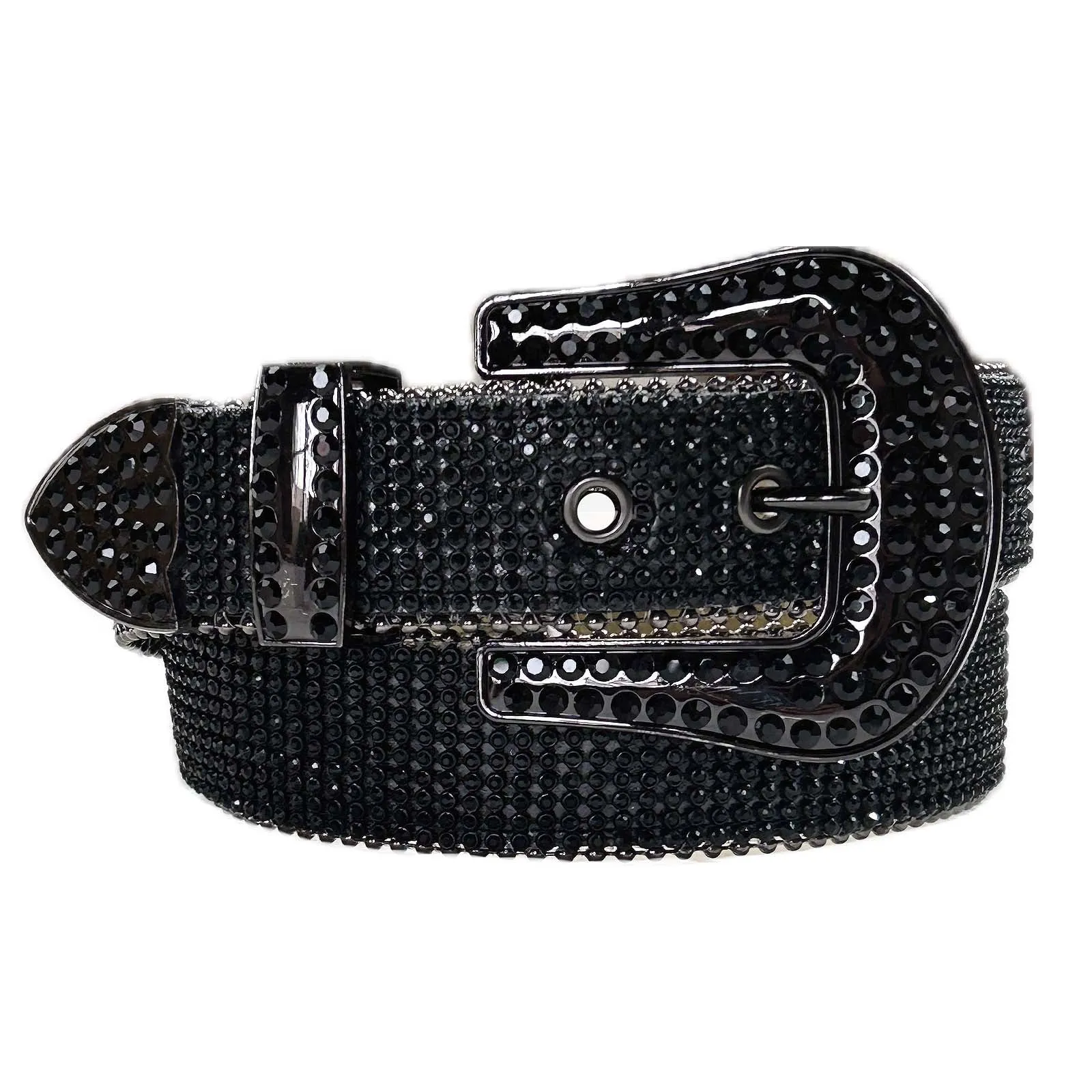 Rhinestone Ostrich Black/Black Pattern Genuine Leather Western Belt