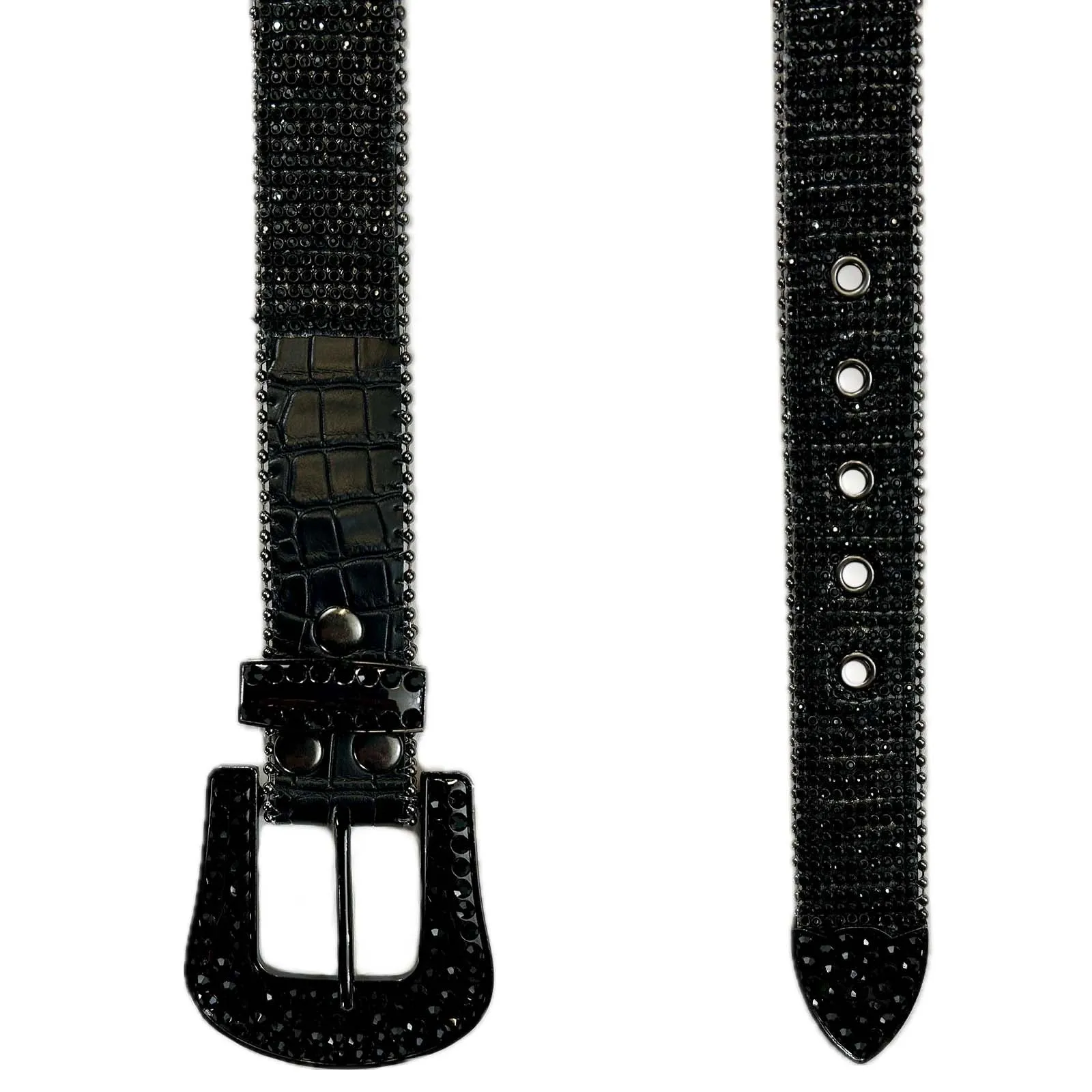 Rhinestone Ostrich Black/Black Pattern Genuine Leather Western Belt