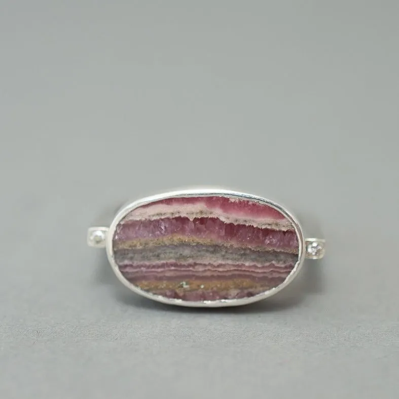 RHODOCHROSITE AND DIAMOND SILVER RING