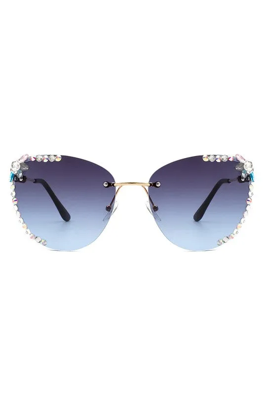 Rimless Rhinestone Fashion Cat Eye Sunglasses