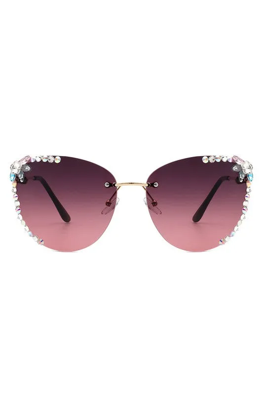 Rimless Rhinestone Fashion Cat Eye Sunglasses