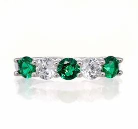 Round and Emerald Green Cubic Zirconia 5 Stone Anniversary Band - White Gold Plated Sterling Silver