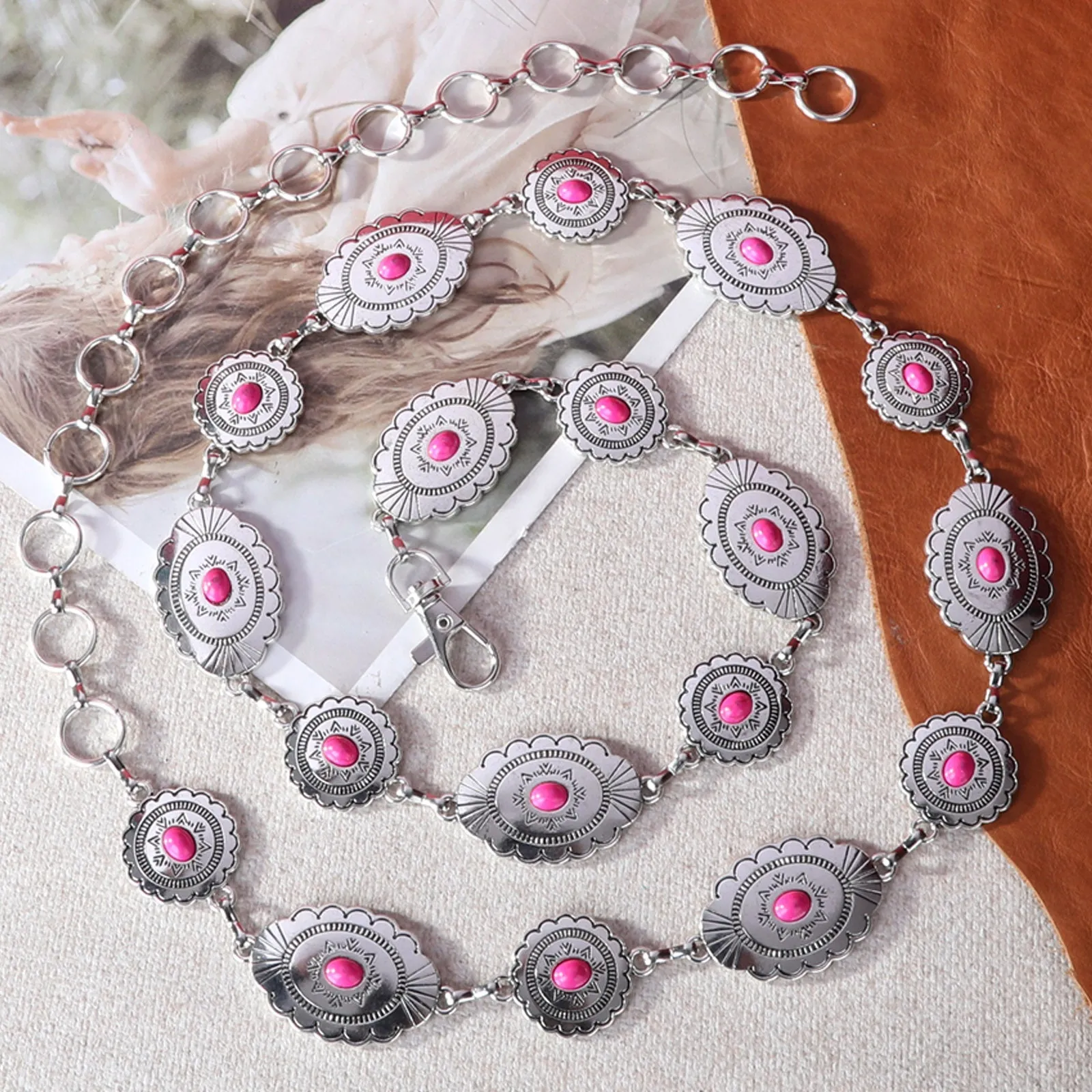 Rustic Couture Etched Silver/Bronze  Oval Stone Centered Concho Link Chain Belt