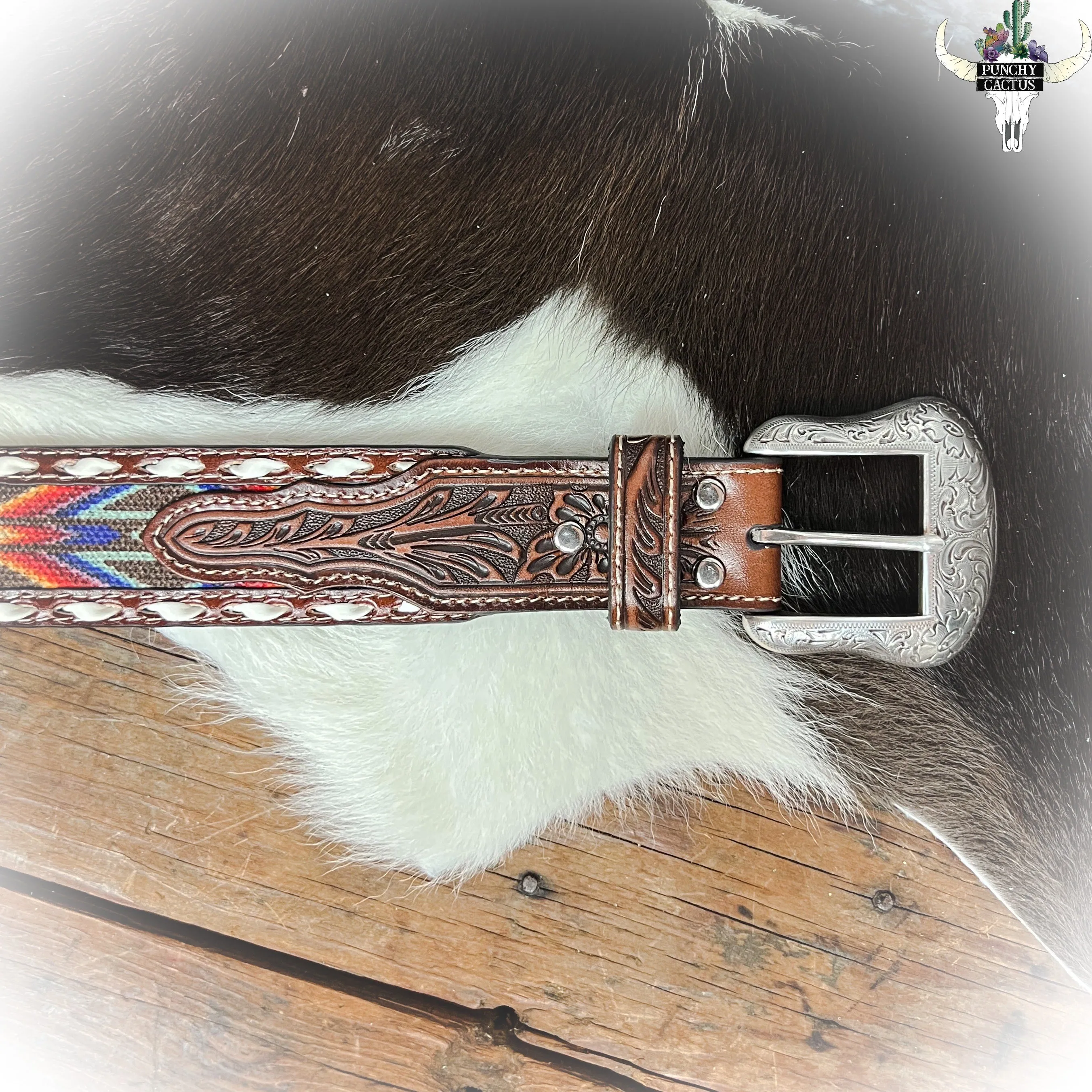 Saddle Blanket Inlay Tooled Leather Belt