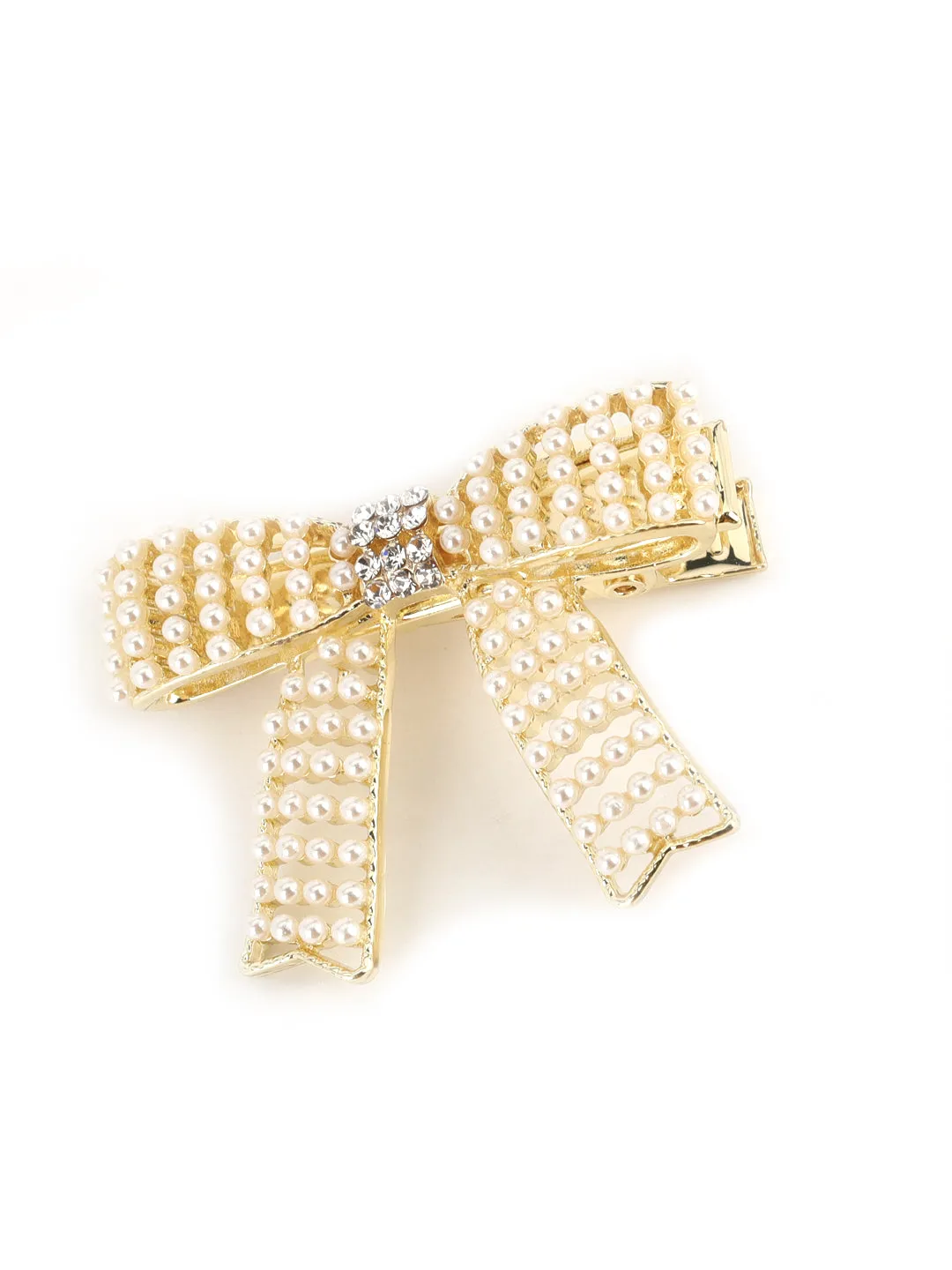 Set Of 2 Cream Coloured Pearl Studded & Crystal Floral Shape Hair Clip