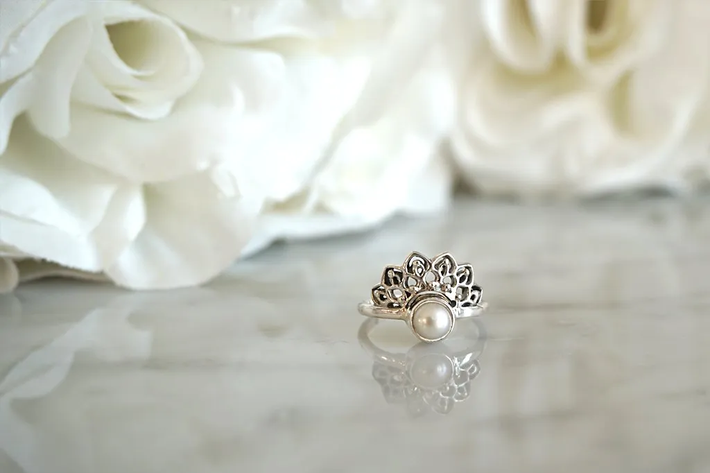 Silver Pearl Lotus Ring