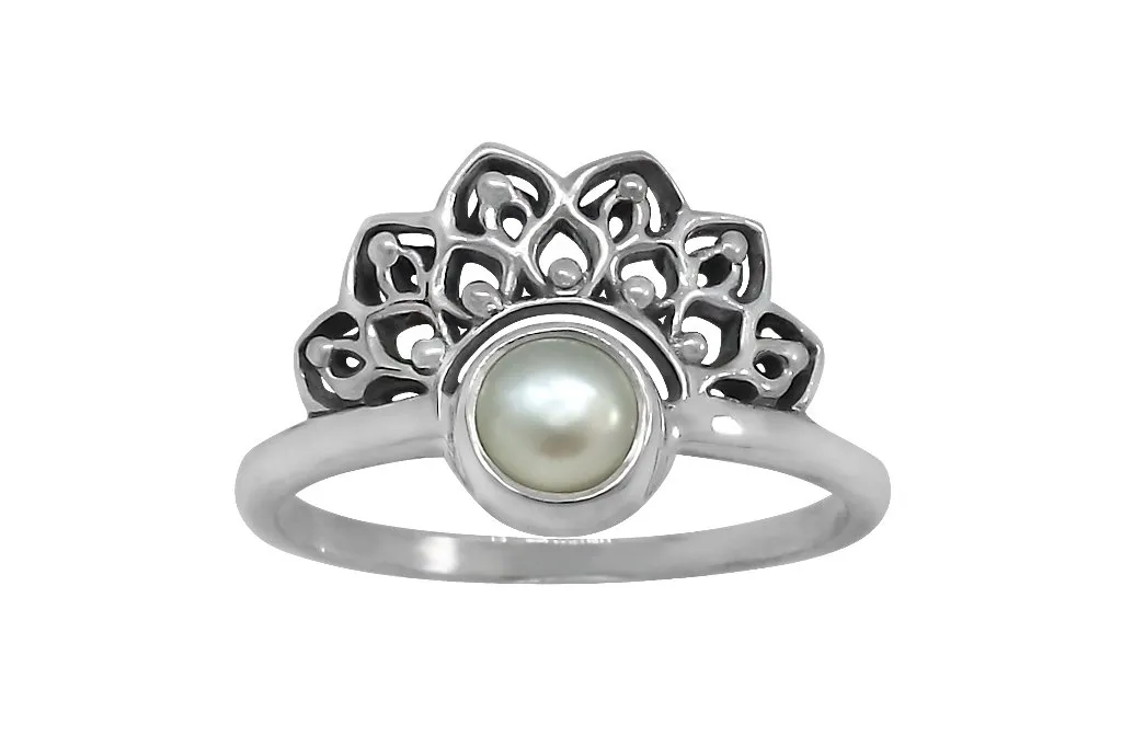 Silver Pearl Lotus Ring