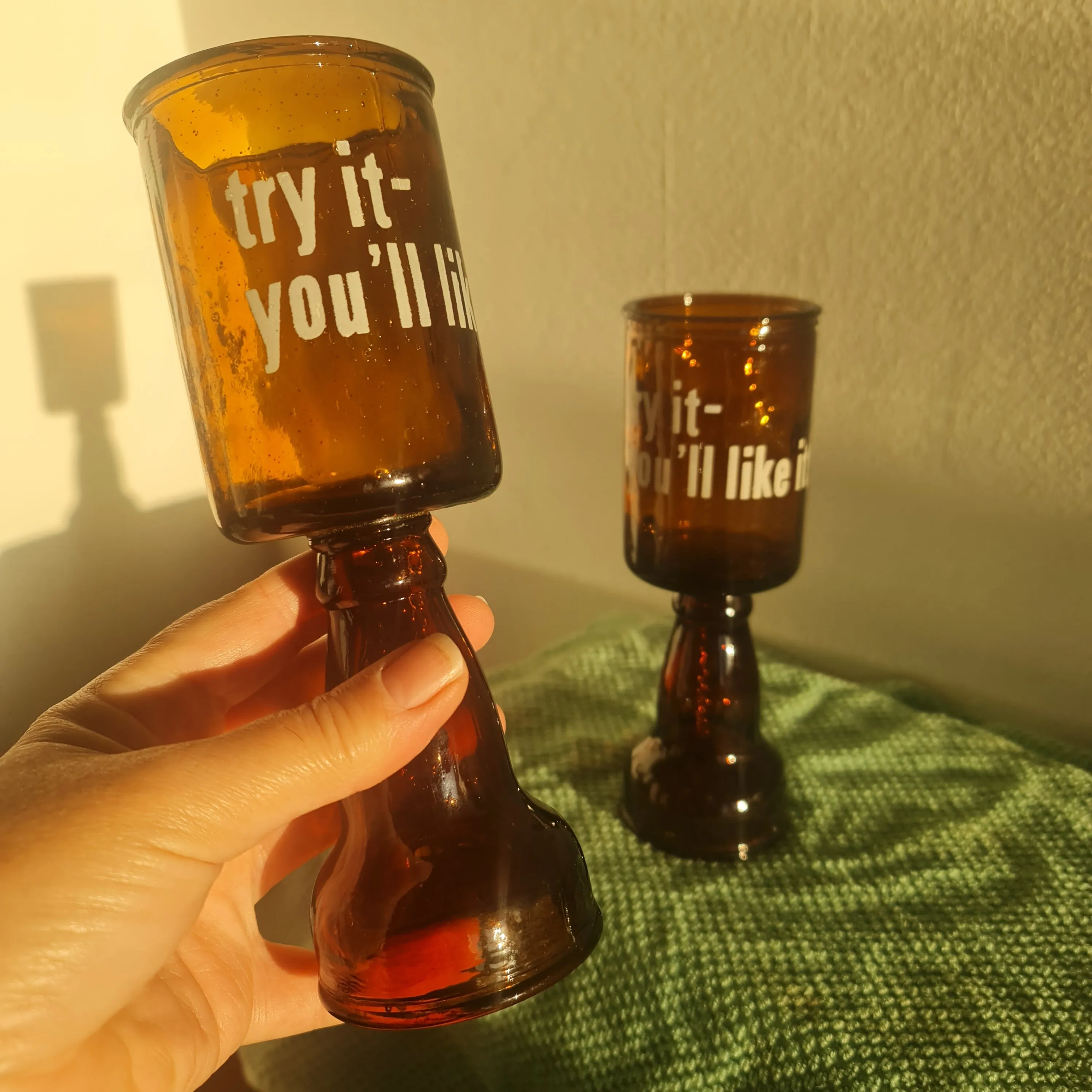 Vintage Bar Bell Beer Bottle Drinking Glasses Amber Glass set of 2