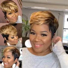 WHIMSICAL W Synthetic African American Wigs Short Bob Straight Pixie Cut Hair With Bangs Honey Gold Mix Black Hair For Women