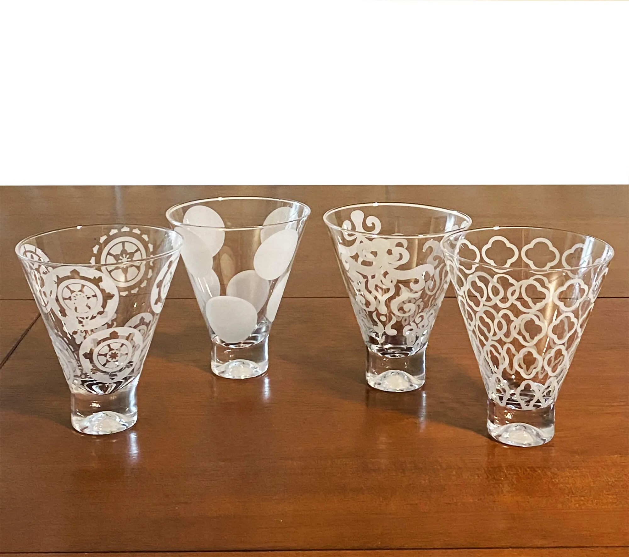 White Etched Cocktail Glasses, Stemless Bar Glass Set