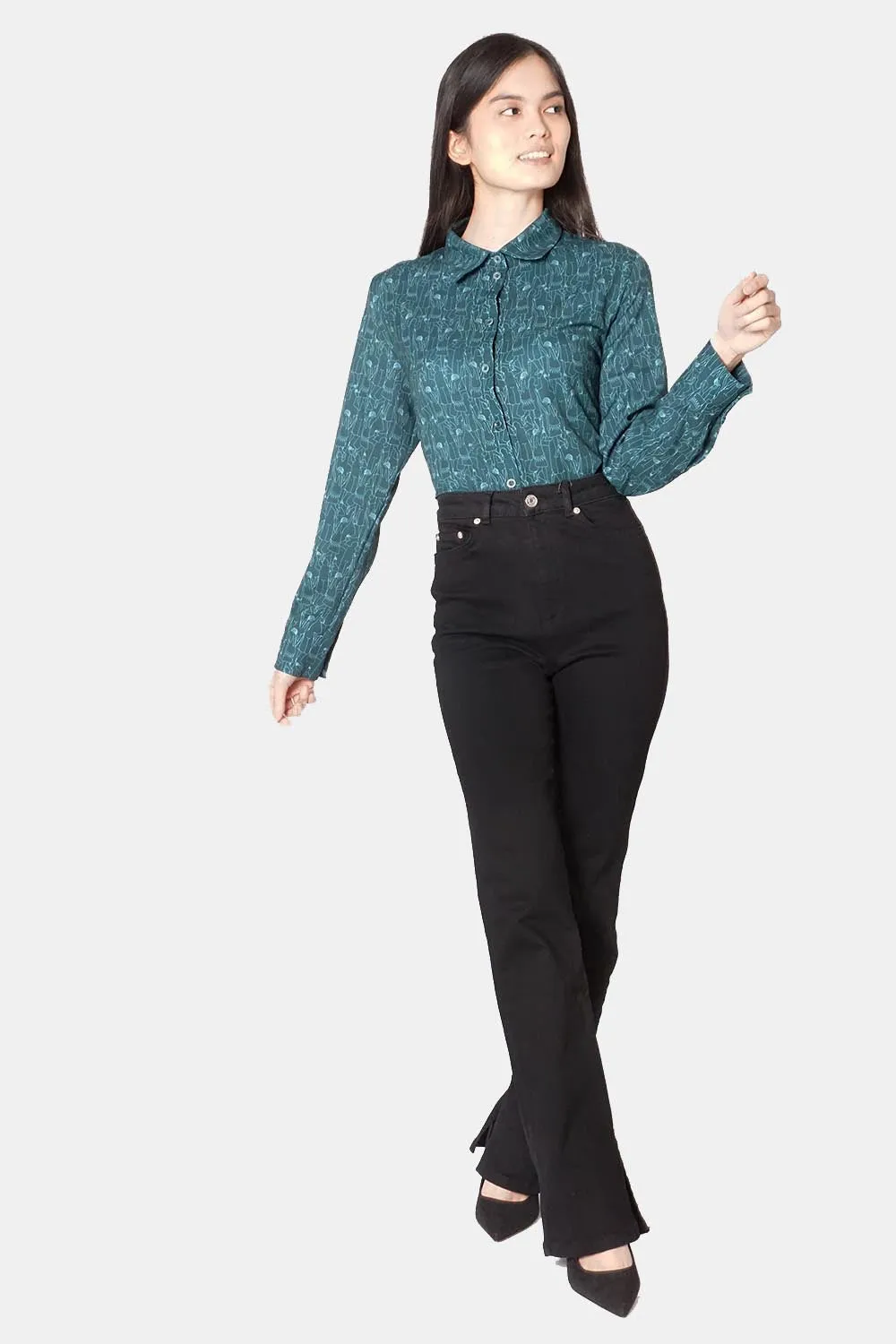 Women's Classic Long Sleeve Shirt in Green Tiny Dancers Print