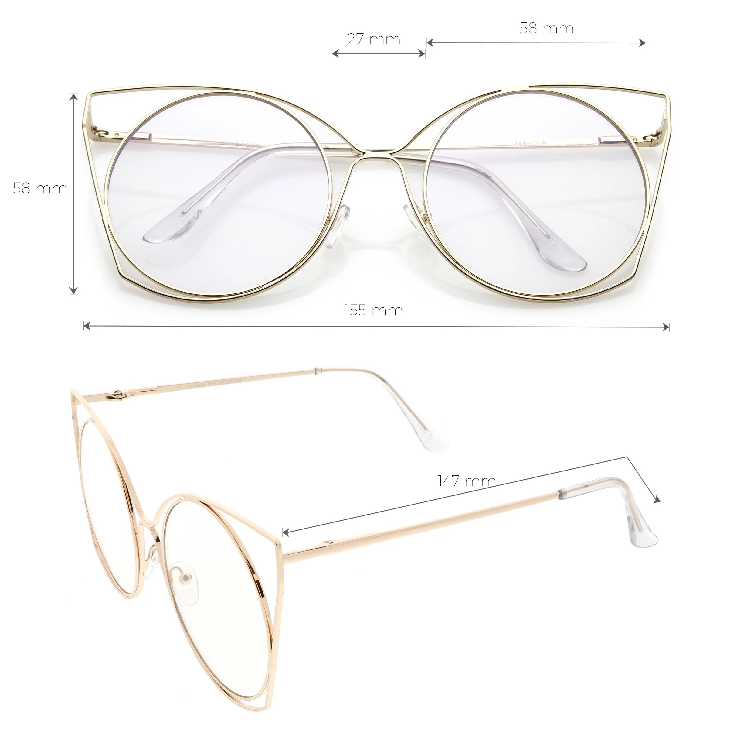 Women's Oversize Laser Cut Round Flat Clear Lens Cat Eye Glasses